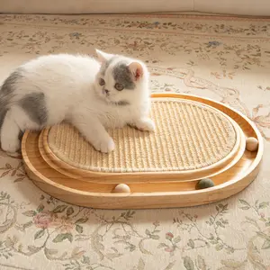 Sisal Cat Scratcher Toy with Ball Track Wooden Interactive Cat Toy for Indoor Cats Scratch Pad, Physical Exercise for Kitty and Medium Cat，16.9" x 13"x 1.2"