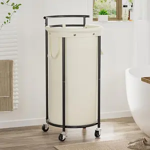 110L Laundry Hamper with Wheels,Rolling Laundry Basket with Removable Bag,Round Iron Laundry Cart with Steel Frame and Handle,Dirty Clothes Hamper Organizer for Dorm,Laundry Room(Beige)
