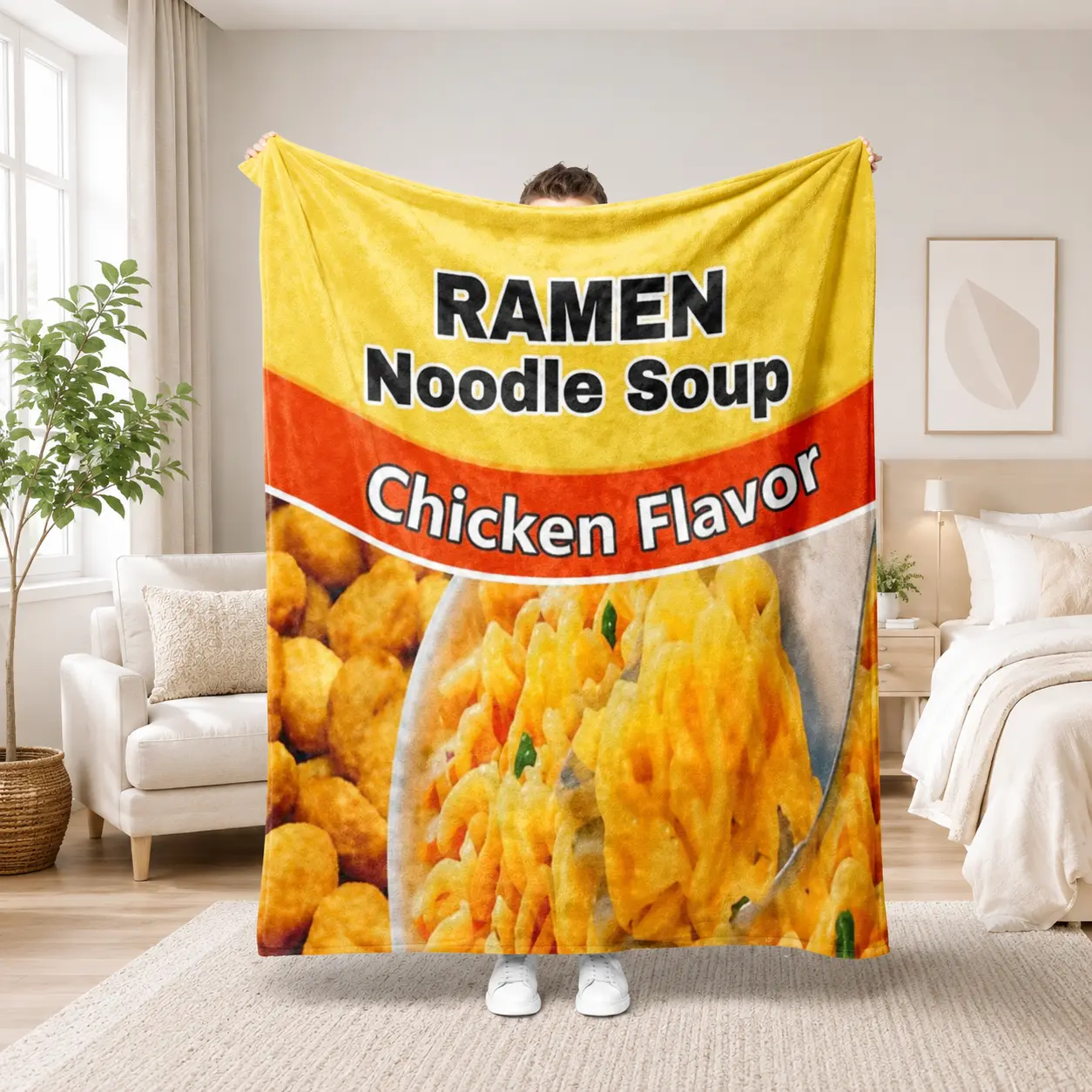 Ramen Noodle Soup Blanket, Funny Food Print Flannel Fleece Throw Blanket with Chicken Flavor Design, Soft Cozy Blanket for Sofa Couch Bedroom Dorm Room, Novelty Food Lover Decor, Lightweight Warm Blanket for Movie Nights, Gaming Room & Everyday Relaxing