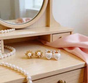 2-Pair Pearl & Heart Earring Set | Daisy Stud & Bow Heart Drop Earrings for Women