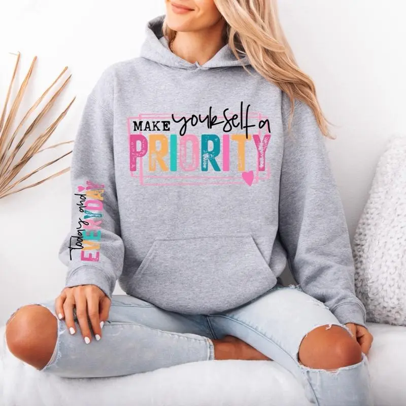 Make Yourself A Priority Gildan hooded Sweatshirt with Sleeve design unisex sizing womenswear comfortable soft Casual Pullover Tops Fabric Pocket Mint Green Green Spandex Cotton