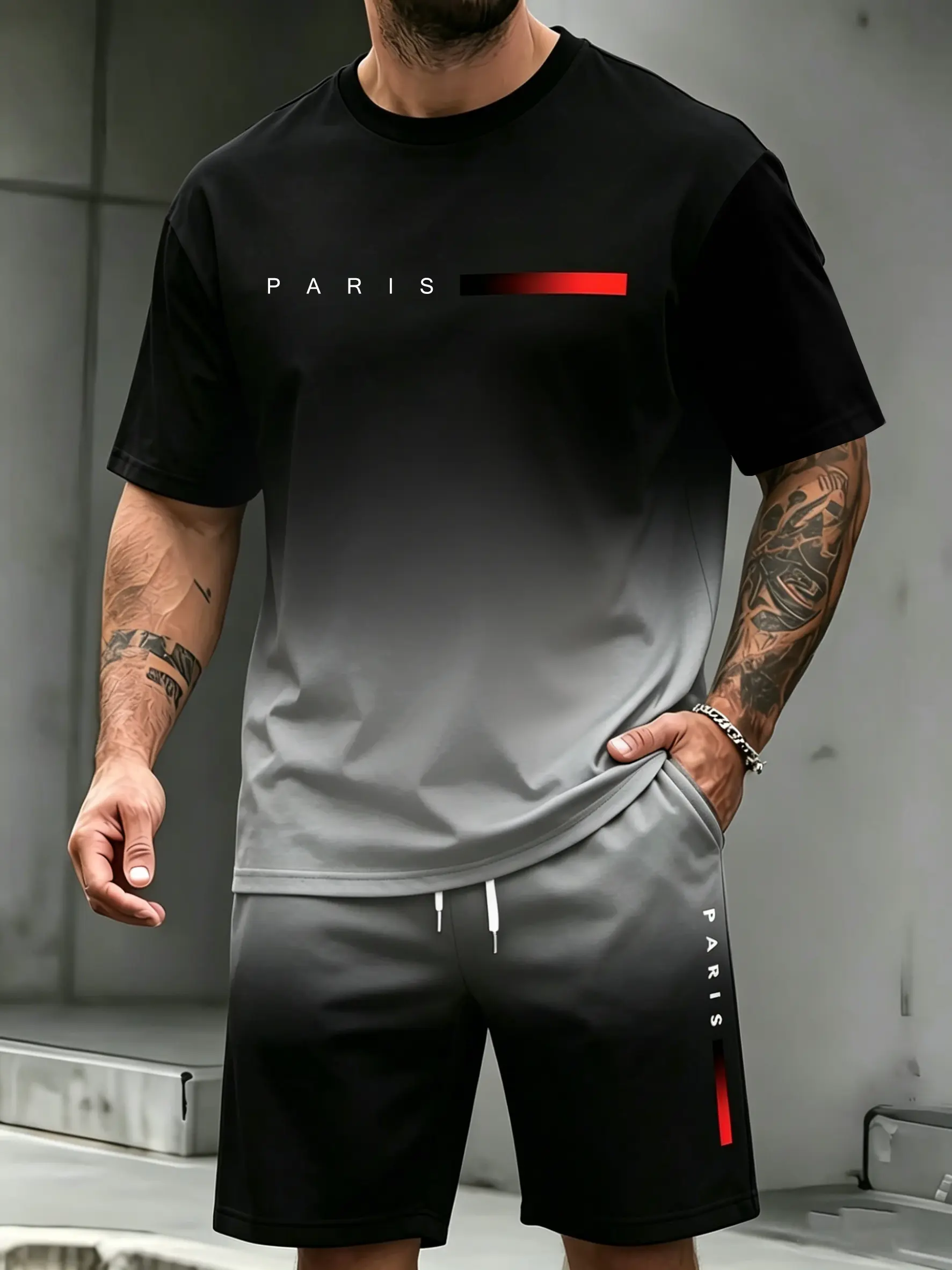 Graduated letter print "PARIS" round-neck short-sleeve T-shirt and shorts two-piece set with drawstring and pockets, casual and stylish outfit suitable for summer outdoor wear fathersdaygift Grey Crewneck
