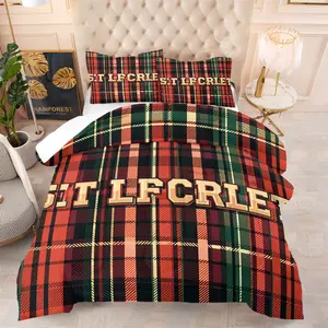 Vintage Red Plaid Wine Label Print Quilt, Includes 1 Quilt and 1/2 Pillowcases, Soft Comfortable Home Bedding, Perfect for Dorms or Bedrooms