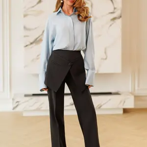 Kaia Black Asymmetric Overlay Straight-Leg Pants