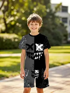 Boys Summer Patchwork Graffiti Smiley Face Print Short Sleeve Shorts Two Piece Set, Casual Fitted All over Print