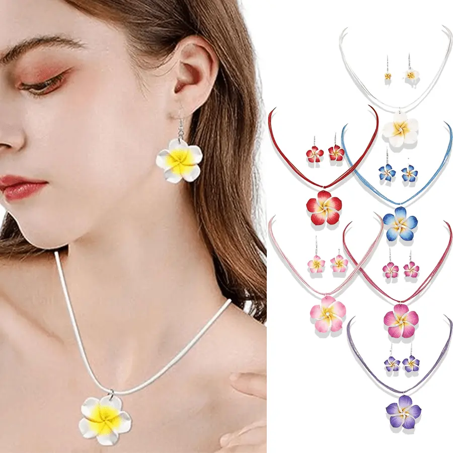 Hawaiian Earrings Necklace Set Bohemia Tropical Flower Dangle Earrings Luau Beach Party Accessories for Women Jewelry