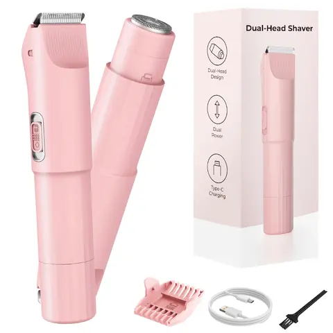 Women's Electric Bikini Trimmer & Hair Shaver - Dual Head Ceramic Blades, Stainless Steel Components, Painless Wet-Dry Face/Body Grooming, Lightweight Cordless USB Fast Charge, Flawless, 90 Mins Use, Rechargeable Beauty Tool, Cool Gifts for Adults