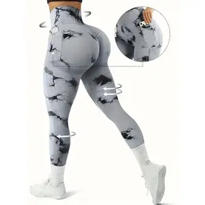 Tie Dye Print Seamless High Waisted Workout Leggings for Women Scrunch Butt Lifting Yoga Gym Athletic Pants With PocketsRAIMENTRY