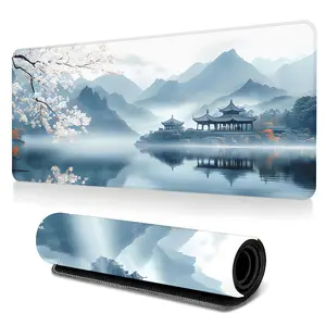 Chinese Style Pagoda Landscape Gaming Mouse Pad, Large Extended Desk Mat with Mountains And Cherry Blossoms, HD Printed Mouse Mat with Stitched Edges and Non Slip Rubber Base, Ideal for Gaming Setup, Office Desk and Gift for Gamers And Friends