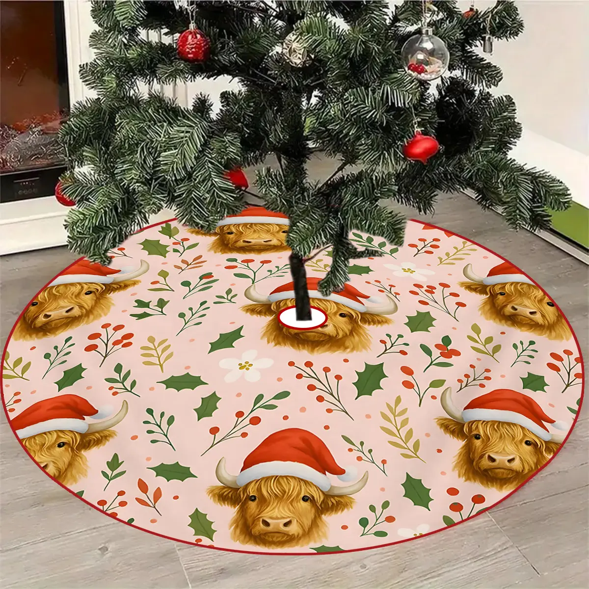 JIT 1pc Christmas Christmas bull head pattern background Christmas tree decoration tree skirt, Christmas print pattern, Christmas family holiday party tree skirt decoration, machine washable, comfortable birthday and beautiful Christmas gift all year roun