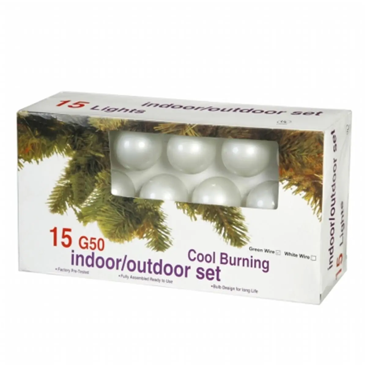 Vickerman 15-Light Pearl White G50-E12 EC Set with Green Wire, 180in Christmas Holiday Decor with End-Connector, Holiday Cheer Realistic Looking Foliage Seasonal Decorations