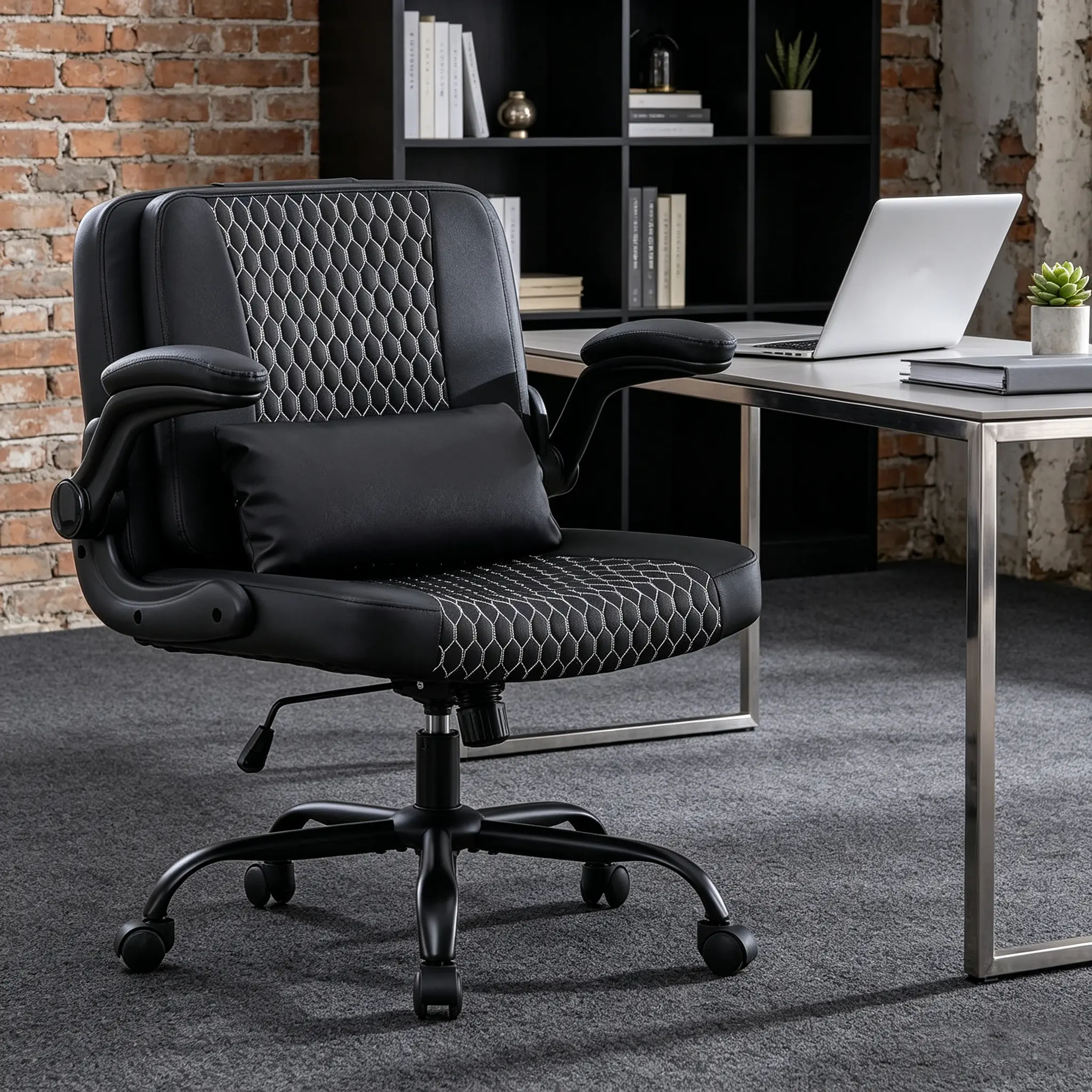 Criss Cross Chair with Flip Backrest, Wide Seat Chair with Flip-Up Arms and Wheels, Ergonomic Adjustable Height Cross Legged Office Chair for Home Office, Study, Vanity