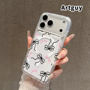 Magnetic Phone case for iPhone 17 16  Pro Max Plus 15 14 13 12 11 Air E Bow Whimsy Pattern Non-Yellowing Shockproof Soft Silicone Transparent Acrylic Large Hole Cover Supports Wireless Charging