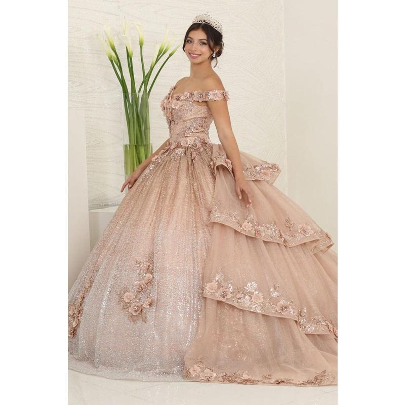 Layla K LK255 Champagne Off-Shoulder Quince Gown with Detachable Tail