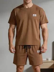 Men's Brown Corduroy 2-Piece Casual Outdoor Set Outfit - Short Sleeve Crew Neck T-Shirt & Drawstring Shorts, Breathable Ribbed Fabric, Loose Fit for Hiking, Camping & Summer Outdoor Activities