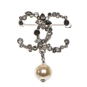 Pre-owned Chanel 19 CC A Crystal Pearl Drop Brooch Silver made in France