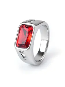 Men's Casual Stainless Steel Ring, Red Corundum Gemstone Accent, Minimalist Design Showcases Personality