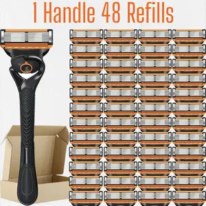 Men's Shaving Razor Set, Shaver Razors, 1 Ball Joint Handle & 12/24/36/48 Replacement Blades, 6 Layer Progressive Blades, Waterproof Rustproof