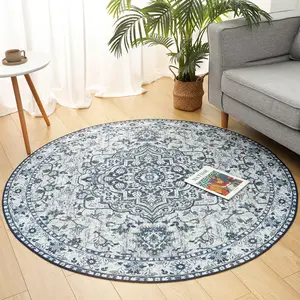 Round Oriental Rug, Circular Non-Slip Persian Design Area Carpet for Living Room Bedroom, Vintage Bohemian Distressed Medallion Pattern, Low Pile Washable-S