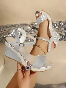 Champagne Wedge Shoes, Perfect for All Summer Dresses, Contemporary Style, Textile Upper, Rubber Sole, Less Than Ankle Height