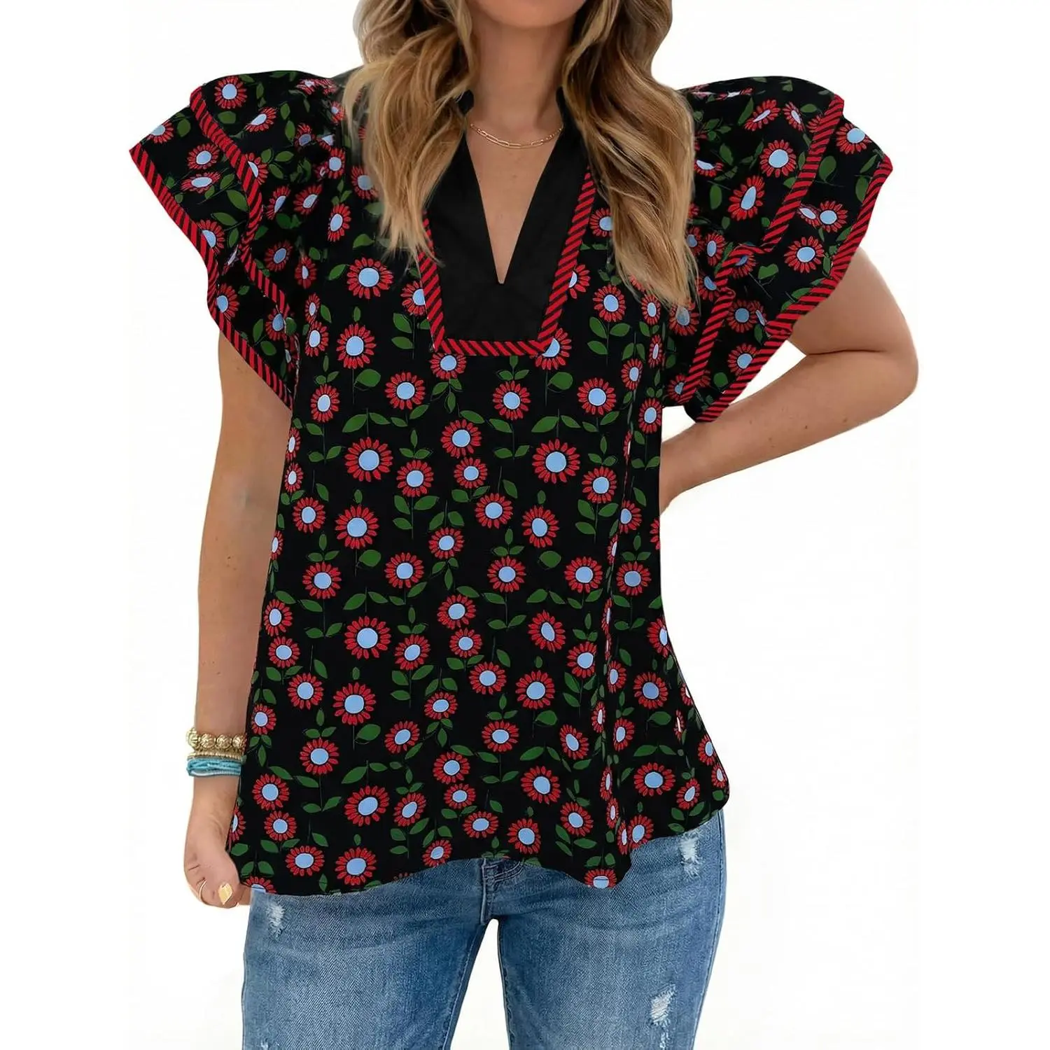 Tankaneo Womens Ruffle Sleeve Floral Blouses Summer Dressy Casual V Neck Tops Loose Fit Pleated Flowy Shirts Shortsleeve Womenswear