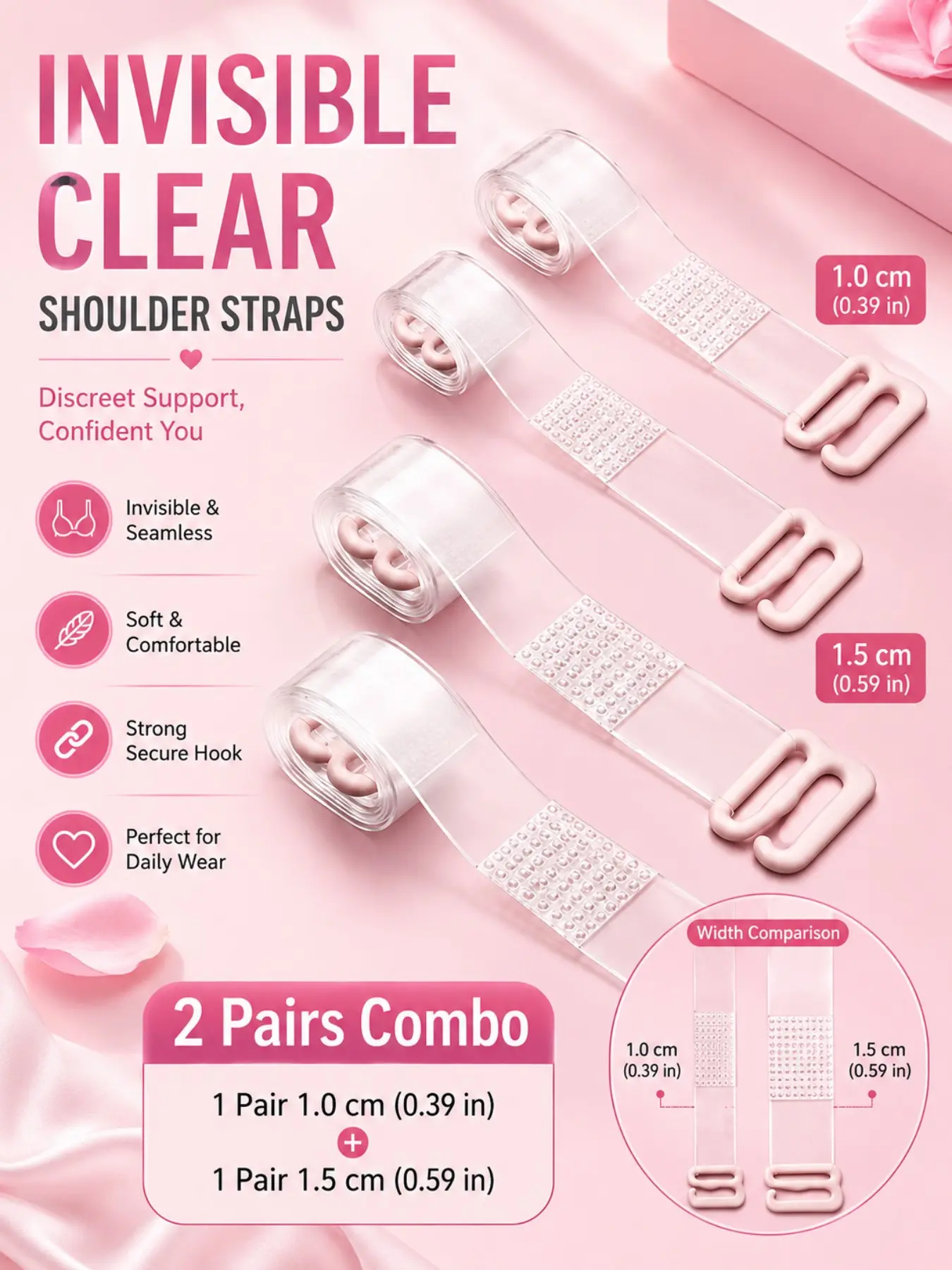 Invisible Clear Shoulder Straps, 2 Pairs Combo, Soft Adjustable Transparent Bra Straps, Ideal for Dresses & Daily Wear, Women Accessories
