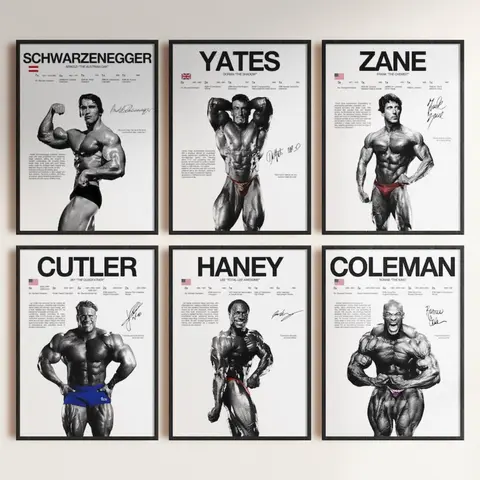 Bodybuilding Poster Bundle (Schwarzenegger, Coleman, Cutler, Yates, Haney, Zane) - Eco-Friendly Black DIY Frame, 1 Anti-Stretch HD Artistic Print (Style1 Unframed, Matte Glare Cut, Black Borders), Gym-Inspired Icons, Gym Wall Art Decor, Bedroom Decor