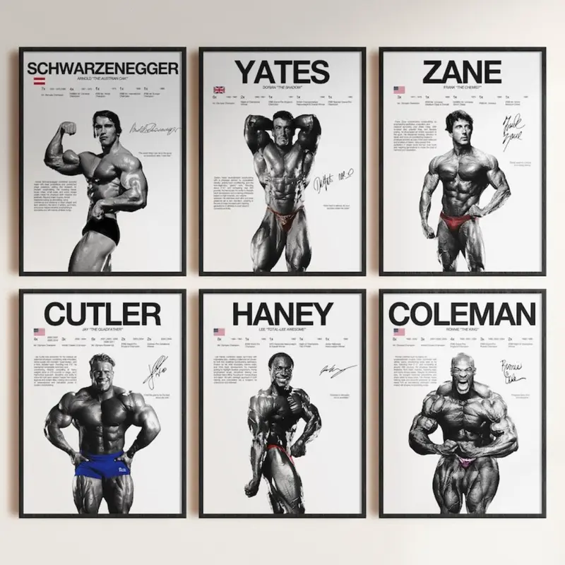 Bodybuilding Poster Bundle (Schwarzenegger, Coleman, Cutler, Yates, Haney, Zane) - Eco-Friendly Black DIY Frame, 1 Anti-Stretch HD Artistic Print (Style1 Unframed, Matte Glare Cut, Black Borders), Gym-Inspired Icons, Gym Wall Art Decor, Bedroom Decor