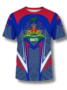 Men's Haiti Flag Letter Print Crew Neck Short Sleeve T-Shirt, Fashionable, Stylish and Sporty, Ideal for Summer Daily Wear and Vacation