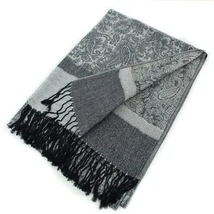 Women Jacquard Paisley Pashmina Shawl Wrap Stole Elegant Two Tone Scarf