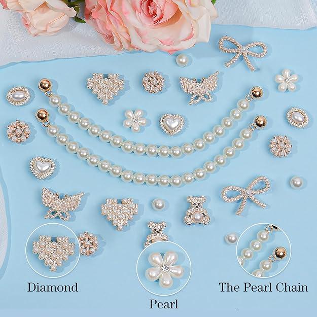 24 Pcs Shoe Charms Chain Accessories for Women Pearl Flower Clog Shoe Decoration Charms Rhinestone Shoes Charms Bling Cute Decor for Party Birthday