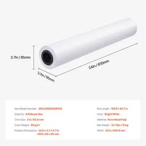 VEVOR Wide Format Paper, 24 inx 150 ft Plotter Paper, 6 Rolls CAD Bond Rolls with 2 in Core, 20 LB Bond Paper Rolls, Idea for CAD Drawings, Engineering Plans, GIS Maps Architectural Designs