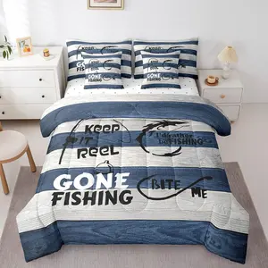 7Pcs Comforter Set,Fishing Theme Bed in a Bag with Flat Sheet and Fitted Sheet for Kids and Adults,Camping Decor Bedding Set with Pillowcases & Throw Pillow Covers