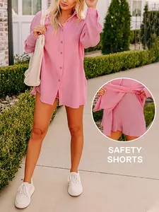 Fisoew Womens Plus Size Gauze Shirt & Shorts Set Loose Fit Long Sleeve Casual Outfit Womenswear #Springtok