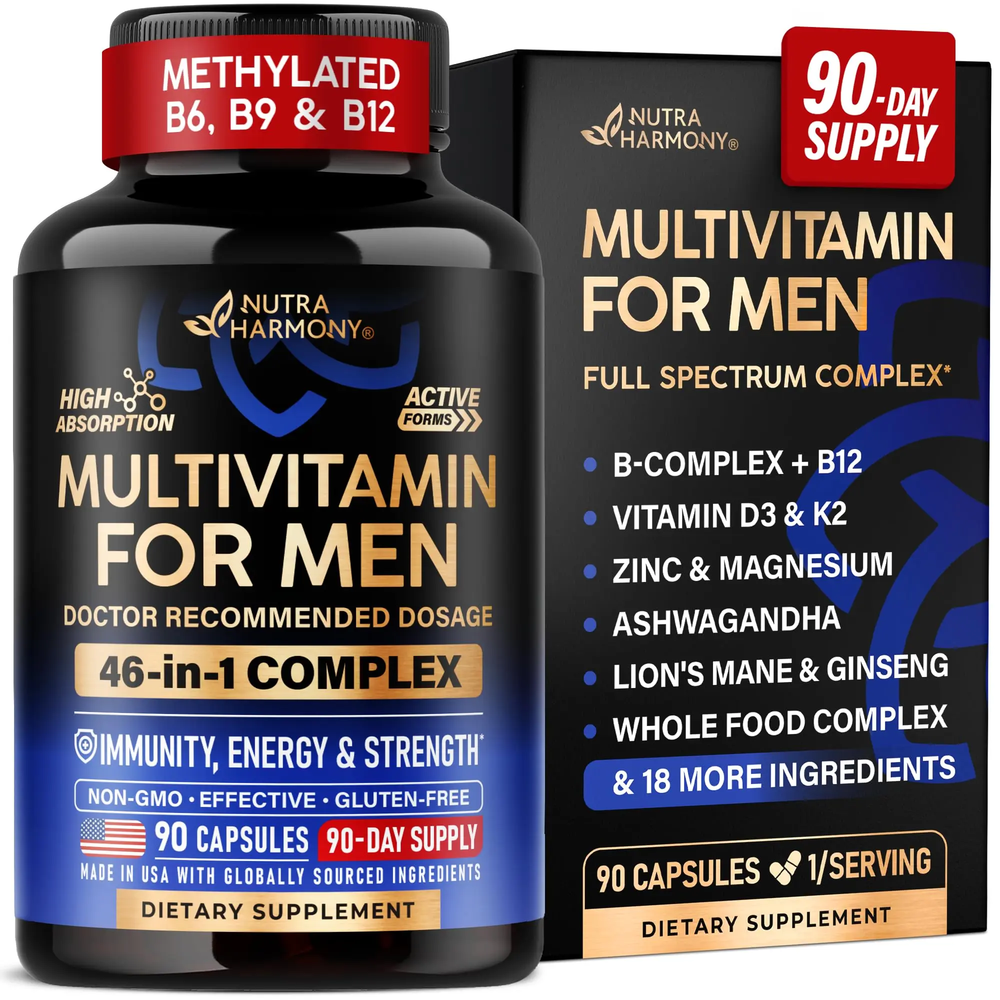 Daily Multivitamin for Men, 46 Active Nutrients Multi Vitamin Complex, Dietary Supplement for Men’s Wellness, 90 Capsules
