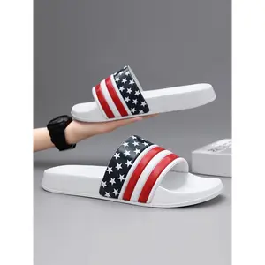 Men's Casual Striped & Star Pattern Slides, Fashionable Comfortable Bathroom Slippers, Trendy Slippers for Indoor & Outdoor Wear