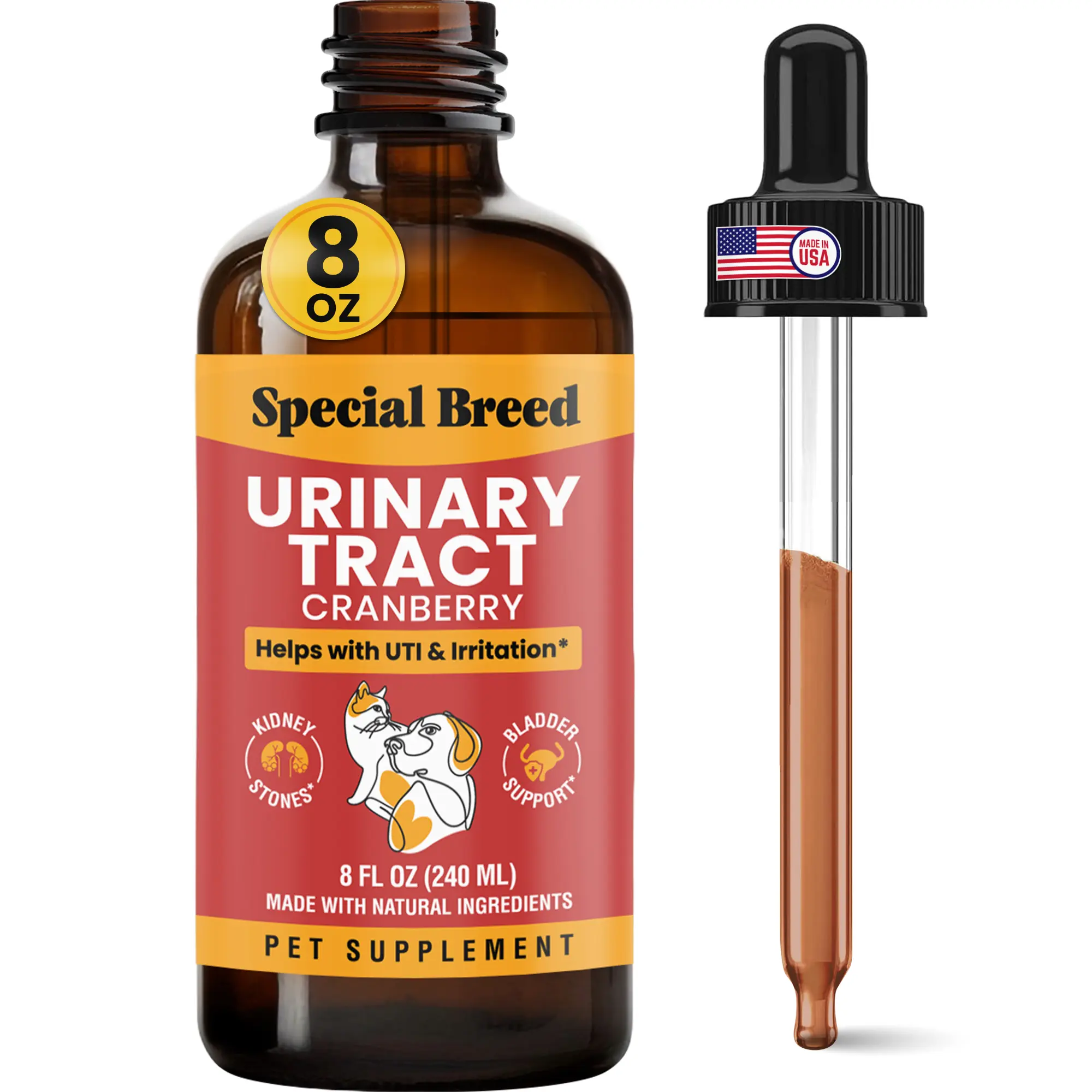 8 Ounce Urinary Tract Infection Treatment for Cats and Dogs - Graduated Dropper (1/4 ML increments up to 1 ML) Cranberry UTI Supplement, Kidney and Bladder Support, 8 oz