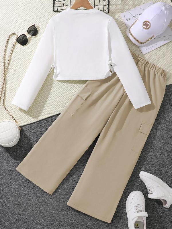 Girls' Letter Print Long Sleeve Top & Army Cargo Pants Set, Clothes, Casual Fall Winter, Fitted Woven Fabric, Daily Wear