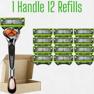 Men's facial shaving razors set, 1 ball joint swing handle and 12/24/36/48 refills, 6-layer progressive blades, sealed packaging to prevent water and rust, stainless steel blades are very sharp, smooth shaving, integrated frame, anti-scratch dampi