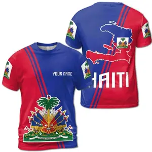 Menswear Sublimation 3D Haiti Flag Coat Of Arms T-Shirt - Customizable Name, Blue-Red Culture, Unisex S-5XL Streetwear Short Sleeve Polo Shirt, Tee4U8 6VQE