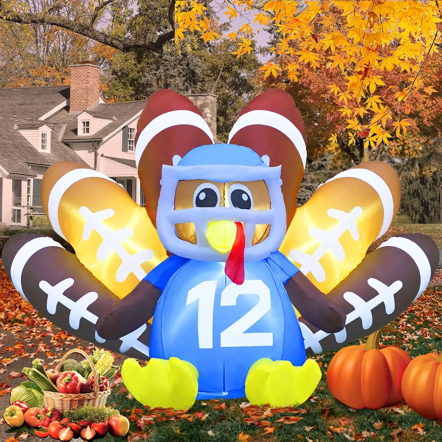 Gardwin 8FT Thanksgiving Inflatable Turkey Decor, Blow-Up Turkey with Built-In LED Lights, Outdoor Football-Themed Lawn Decor for Garden