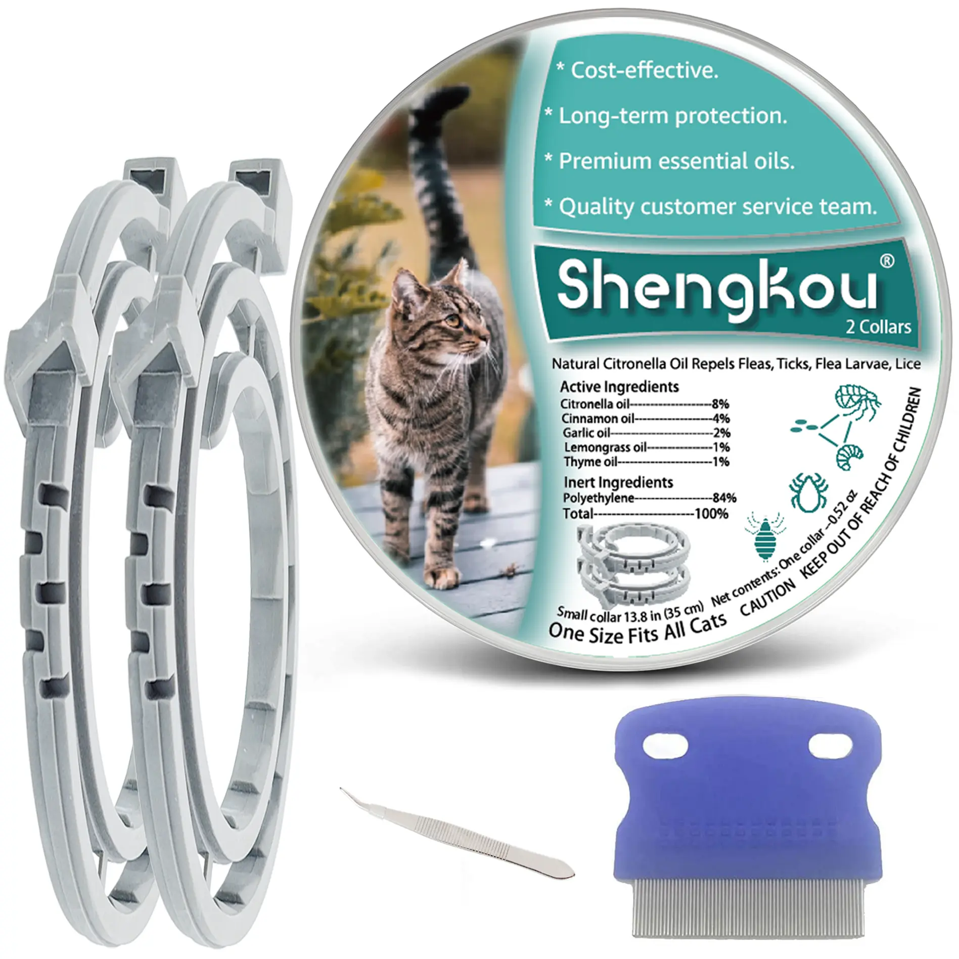 ShengKou Cat Collar - 12-Month Natural Defense with Premium Plant Oils, Water-Resistant, Adjustable Fit, Free Comb & Tweezers (2 Pack)