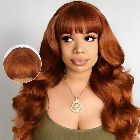 West Kiss Copper Orange Glueless Wig With Bangs Body Wave 5x5 Lace Closure Wig Human Hair Ready To Go Wig Beginner-friendly