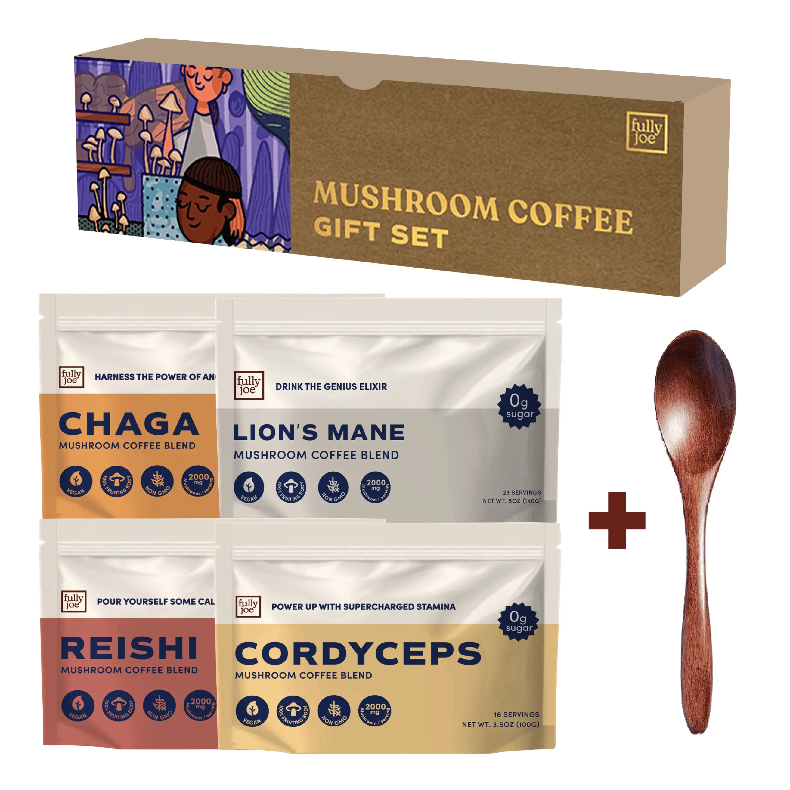 Fully Joe Mushroom Instant Coffee Gift Set - with Lion's Mane, Reishi, Chaga, Cordyceps & Gourmet Arabica for Focus & Gut Health Natural Beverage Taffy