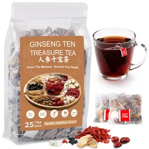 Ginseng Ten Treasure Tea, Natural Chinese Herbal Kidney Cleanse Detox Tea Support Liver & Kidneys Health for Men Women, No Additives, Caffeine Free, 10 Premium Ingredients Blend (30 Bags/1 Pack)