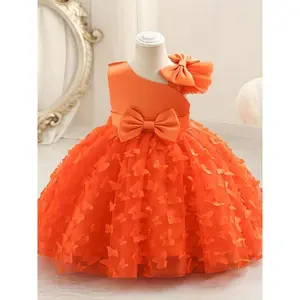 Dress | Mesh Dress for Preschool Girls Butterfly Design Bow Mesh Sleeve Dress Party, Birthday Dress