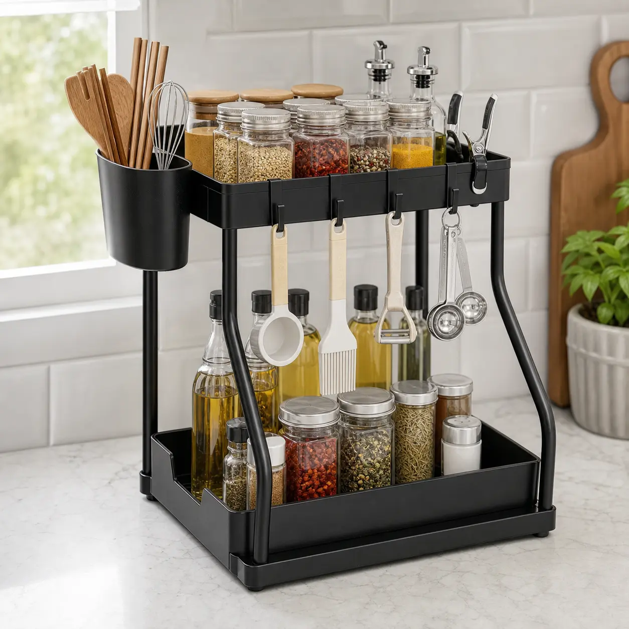 2-Tier Kitchen Countertop Spice Rack Organizer with Utensil Holder & Hooks, Multi-Function Seasoning Storage Shelf, Detachable Drain Tray Kitchen Organizer for Spices Oil Bottles Cooking Tools, Space Saving Kitchen Counter Storage Rack