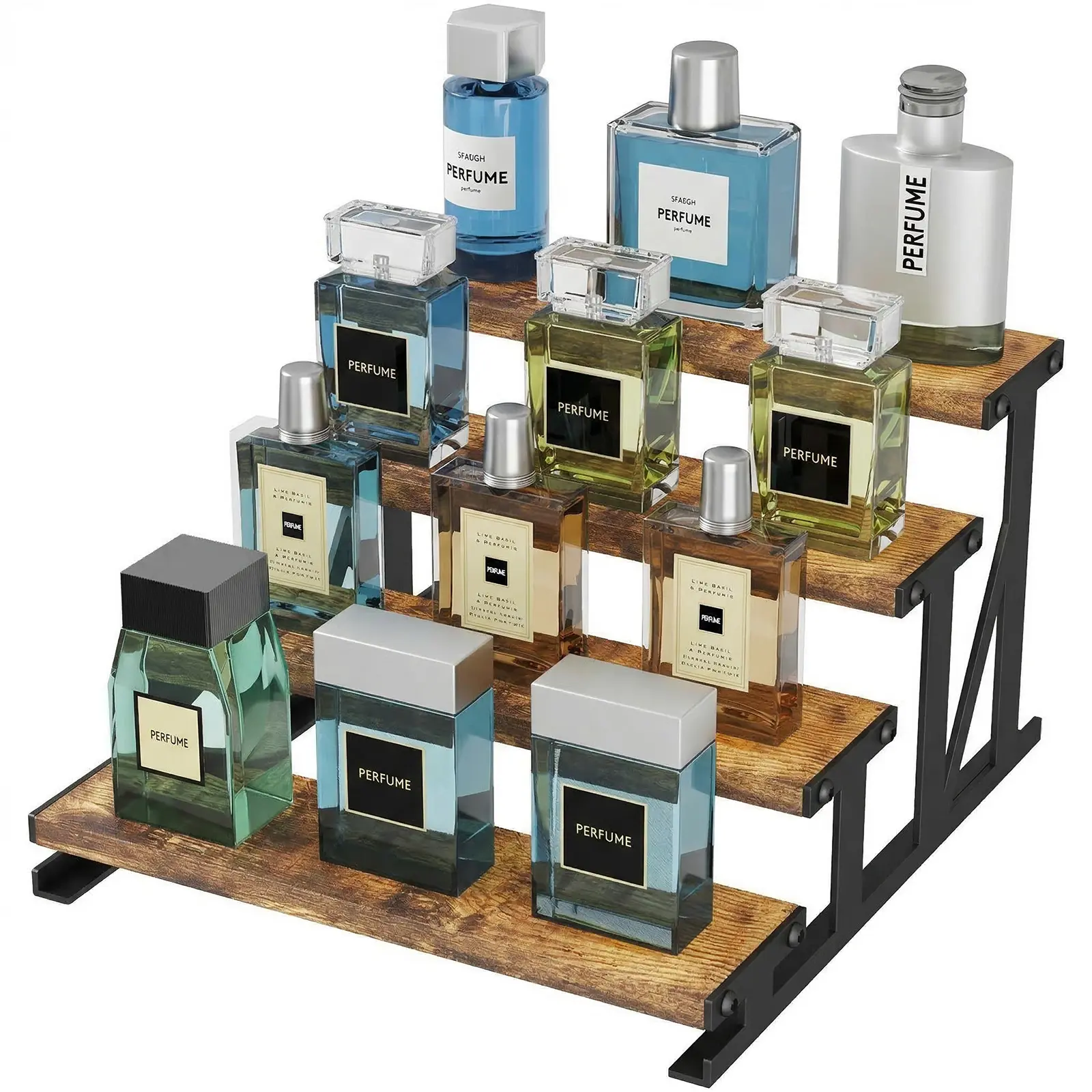 Live Only | Lifewit 10 Inch 4-Tier Wooden Display Riser with Metal Holder, Home Organizer for Perfume, Cosmetics & Collectibles, Easy-Install Storage Rack Unit