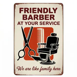 Vintage Barber Shop Decor Metal Sign - Friendly Barber At Your Service Retro Tin Sign - Barber Chair Wall Art, Hair Salon, Man Cave Aesthetic Decor Poster