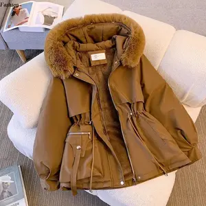 2025 New Warm Fleece Lined Hooded Down Jacket Winter Coat Women's Warm Drawstring Filled Parka Korean Casual Streetwear Women's Fluffy Coat